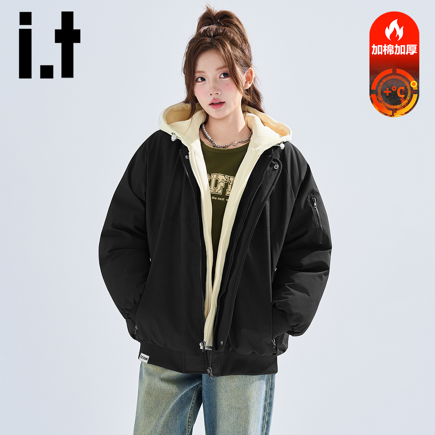 itizzue美式假两件棉衣外套女