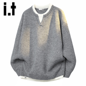 潮流设计感舒适假两件毛衣 izzue拼接圆领针织外套男2026春季