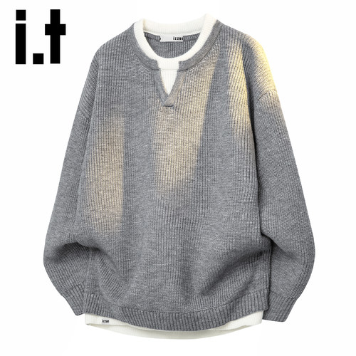 秋季潮流设计感舒适假两件毛衣