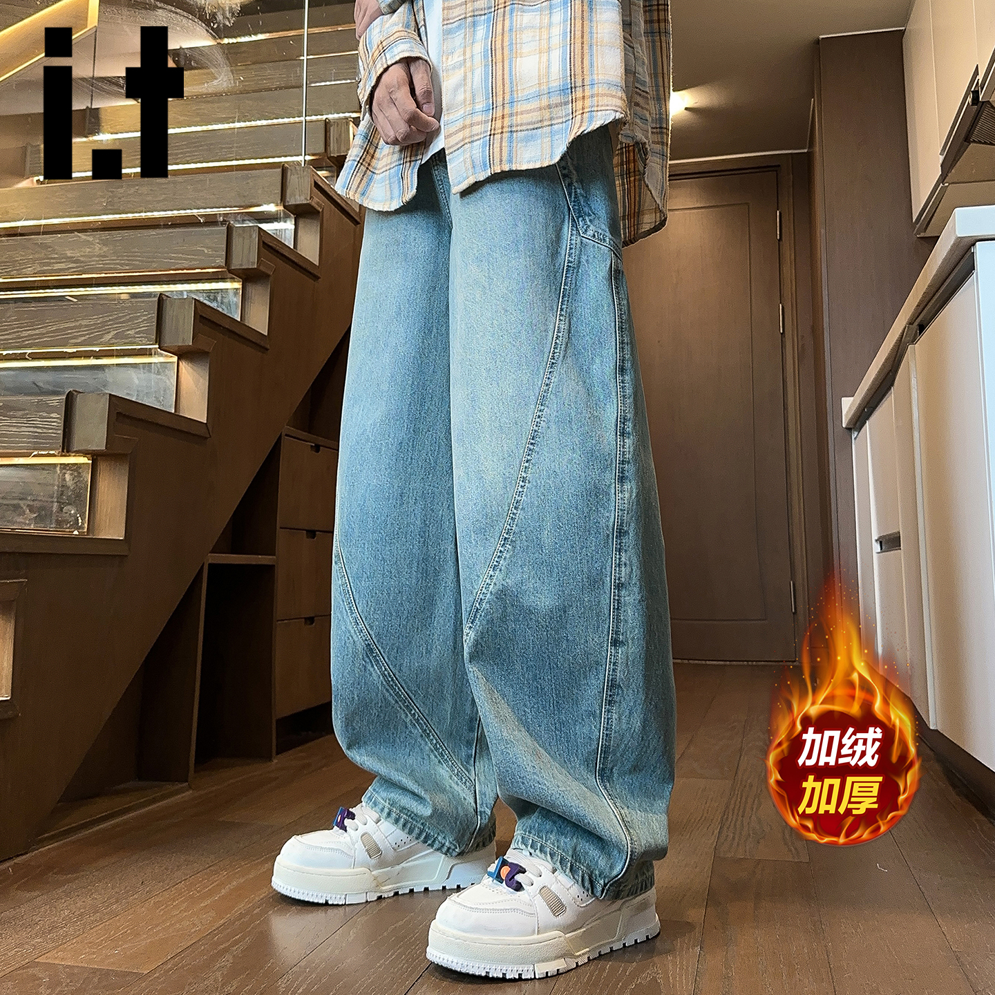 itizzue秋冬加绒加厚弯刀牛仔裤