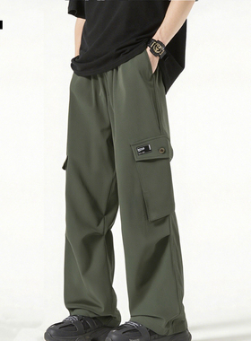 it izzue军绿色美式工装裤子男2025年秋季宽松直筒休闲阔腿长裤4P
