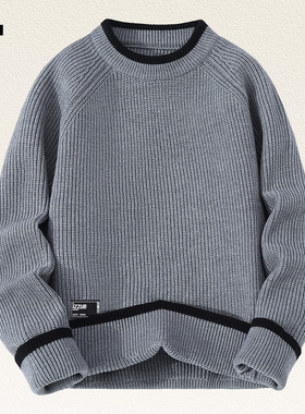 itizzue灰色撞边拼接毛衣男女宽松2025秋季新款情侣圆领打底衫4P