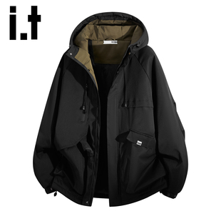it izzue秋冬季防风连帽冲锋棉衣男士加厚户外宽松夹克棉服外套Y
