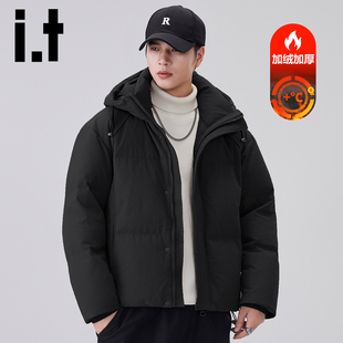 连帽外套男Y 加绒加厚羽绒服男白鸭绒保暖面包服短款 izzue冬季