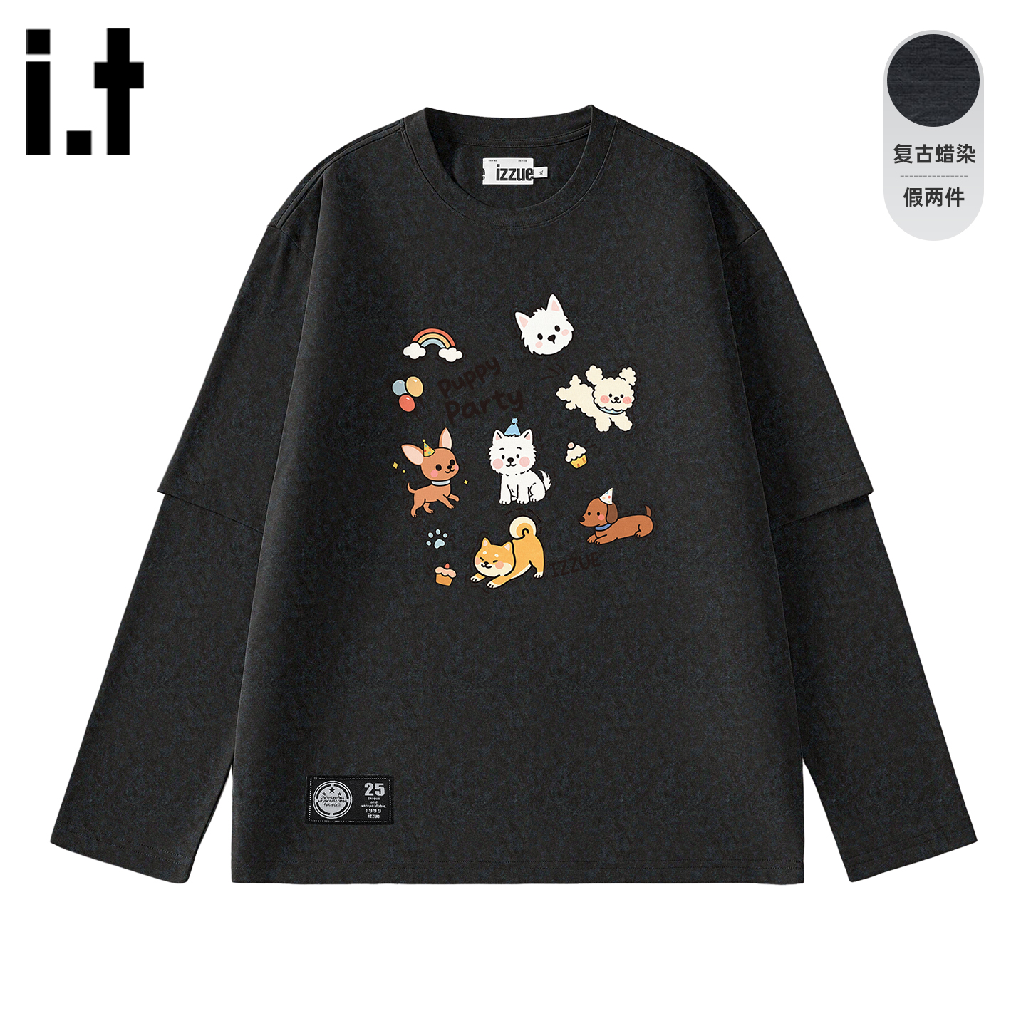 it izzue潮牌假两件长袖T恤男2025秋季美式假两件蜡染做旧上衣1P