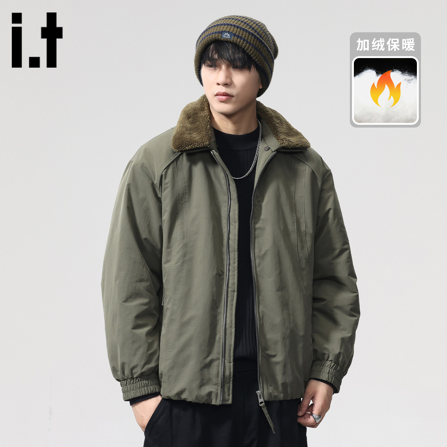 itizzue美式毛领棉服翻领外套男