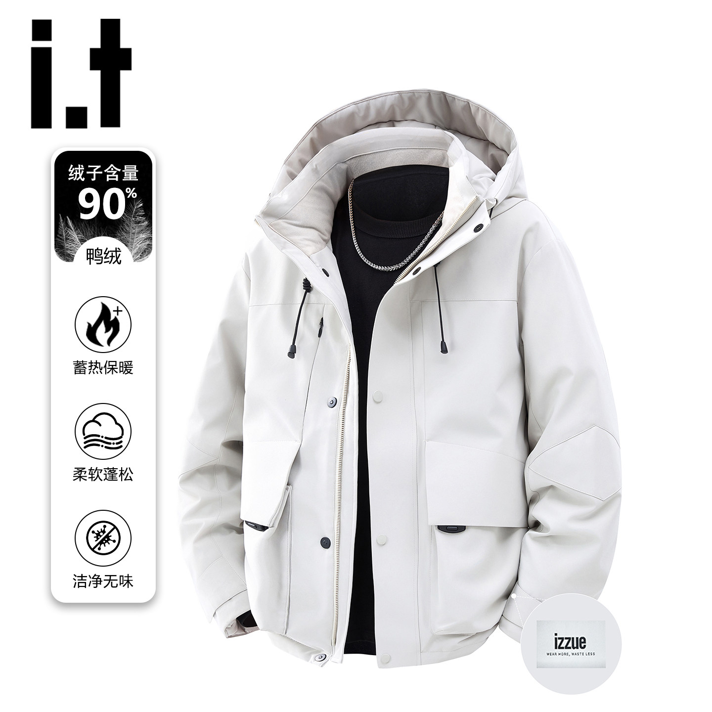 itizzue工装风连帽羽绒服男士冬
