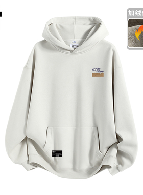 it izzue原创白色潮牌加绒袋鼠口袋连帽卫衣男2025秋冬宽松帽衫3P