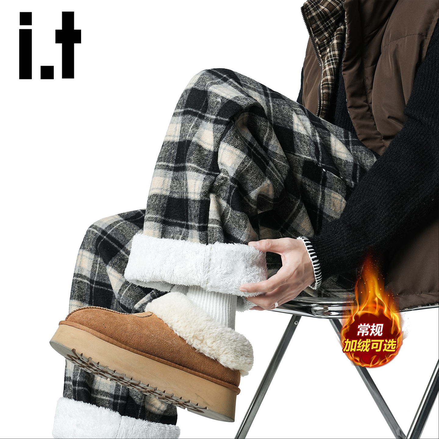itizzue加绒加厚格子休闲裤男冬
