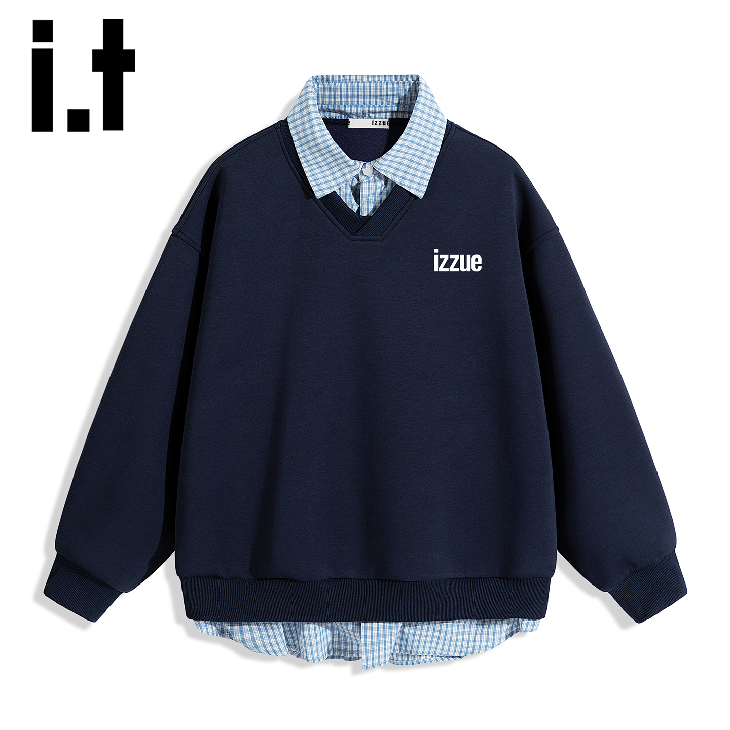 itizzue韩系格纹翻领拼接卫衣