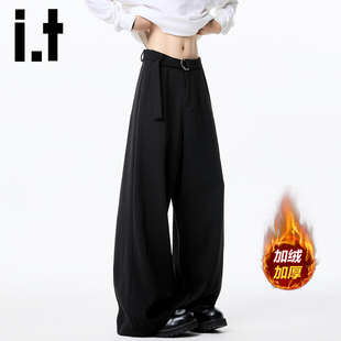 it izzue潮牌黑色西裤男款冬季加绒加厚高级感阔腿宽松西装裤子Y