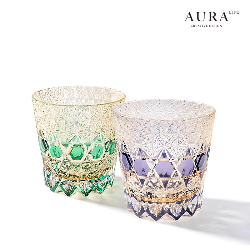AURA'S紫莹石江户切子纯手工雕刻威士忌酒杯水晶玻璃杯洋酒