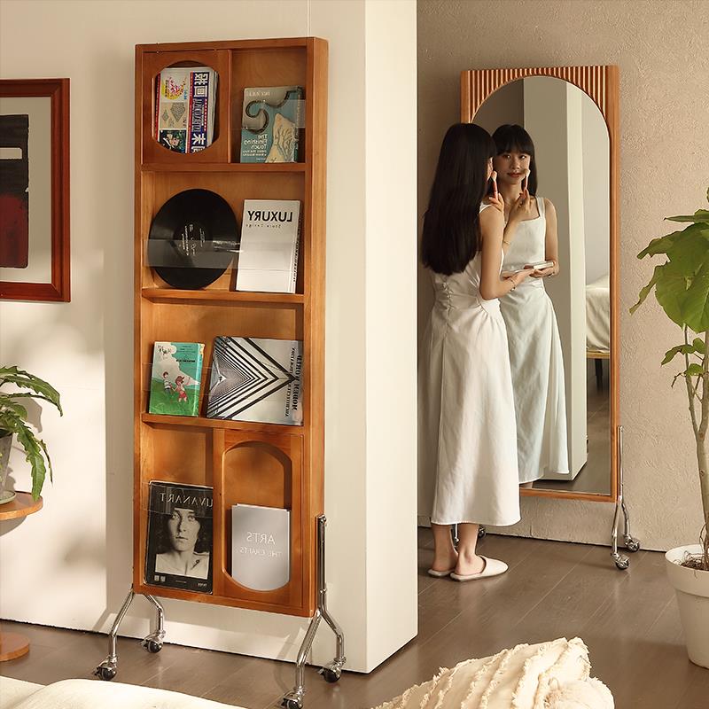 中覆古风穿衣全身镜子家用可移动杂志旋转实木架一体落地隔断玄关