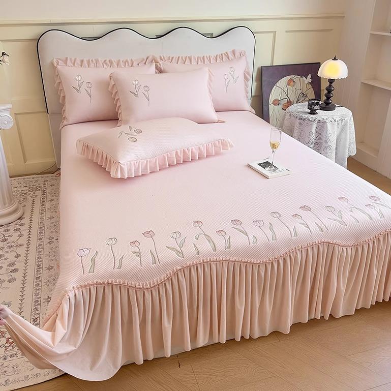 A类母婴级PE冰豆豆凉席床盖三件套夏天夏季冰丝软席子床裙款蓝色