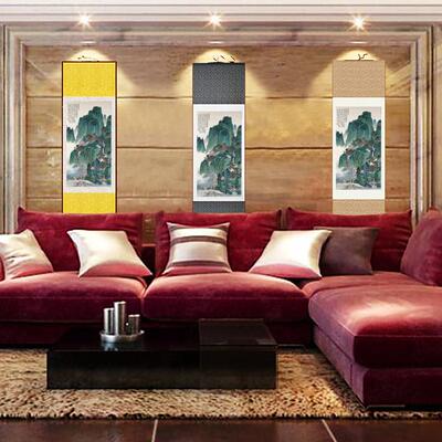 褚立民洞天高逸图 青绿山水丝绸画 客厅办公挂画工笔水墨卷轴国画