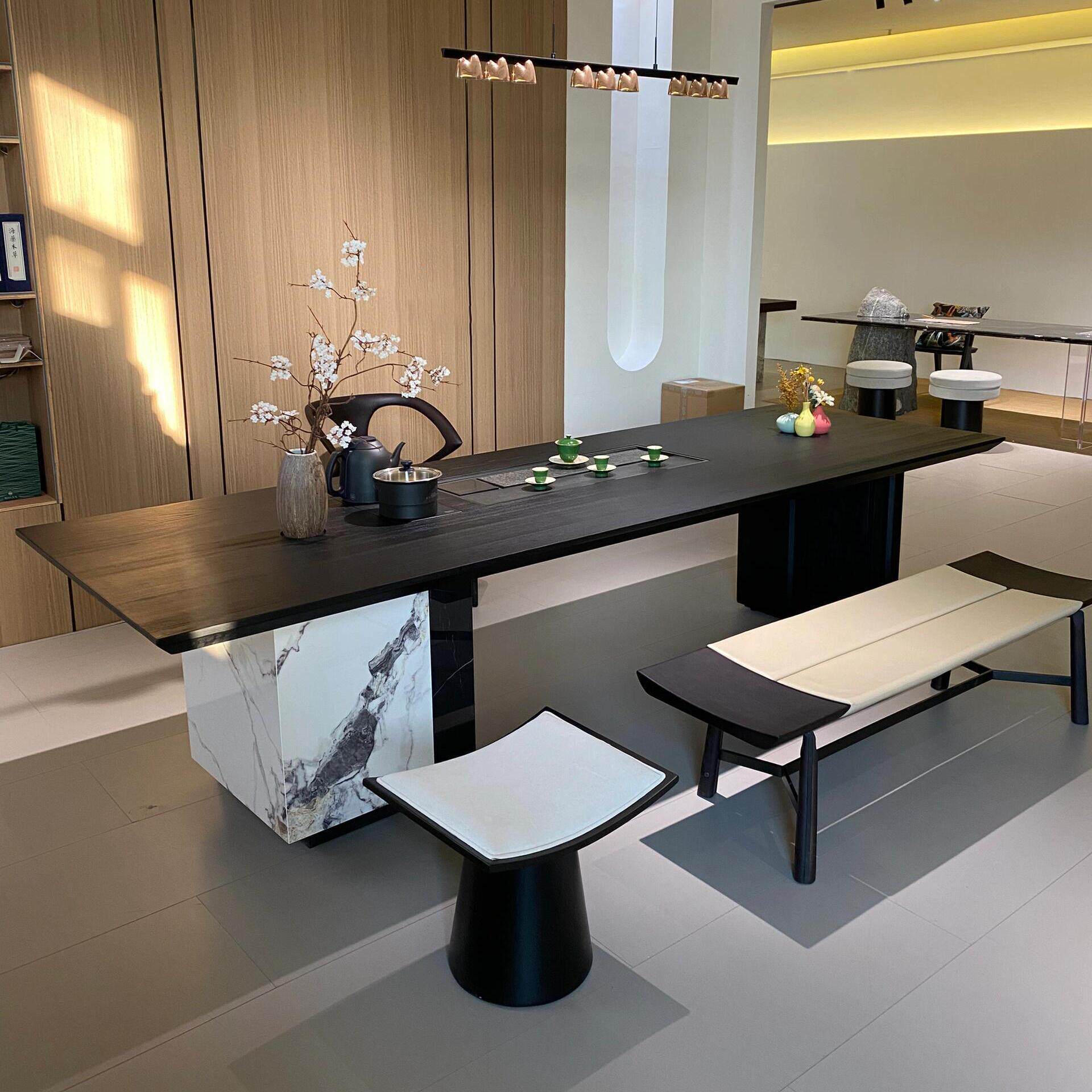 新中式轻奢现代实木岩板茶桌椅组合简约高级办公室别墅客厅泡茶台