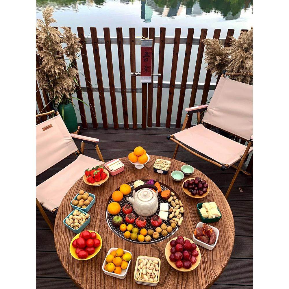 老榆树实木木炭炉围炉茶几折叠椅组合户外烧烤火锅覆古花园式矮桌