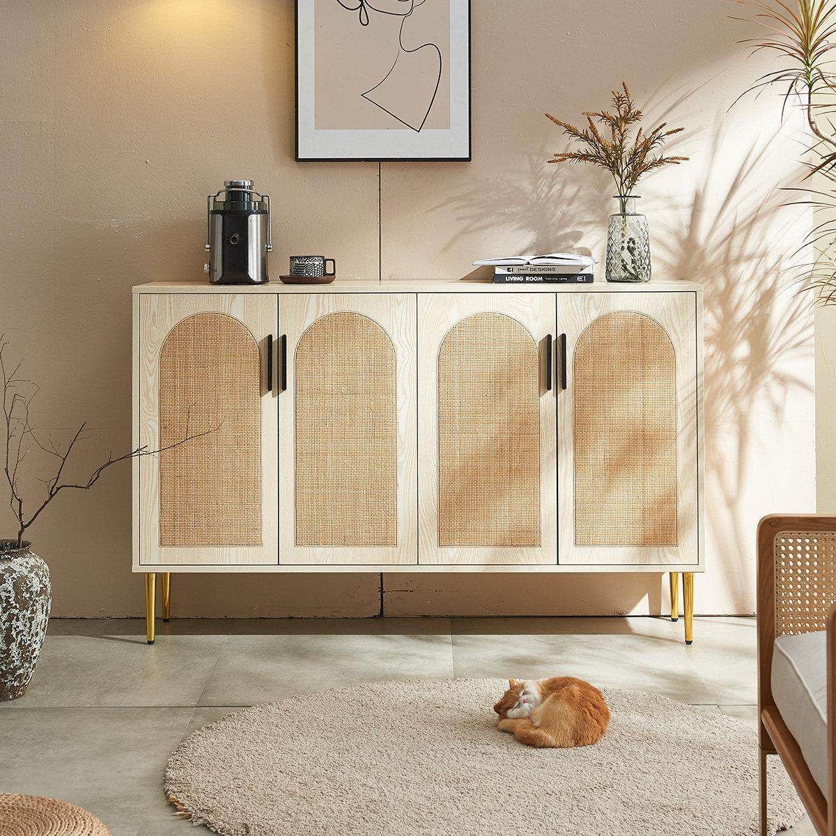 北欧藤编实木餐边柜置物柜现代简约厨房柜子储物柜客厅靠墙收纳柜,住宅家具,餐边柜,淘宝优惠券,粉丝福利购,淘宝优惠卷