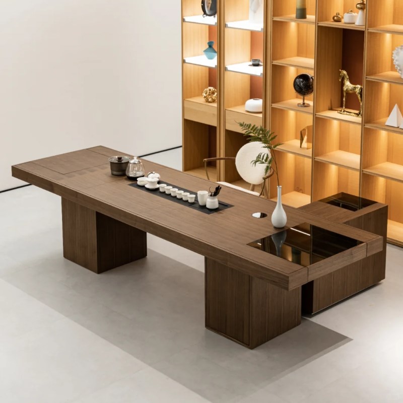 新中式黑胡桃实木大板茶台椅组合2025新款办公室茶桌书桌一体两用