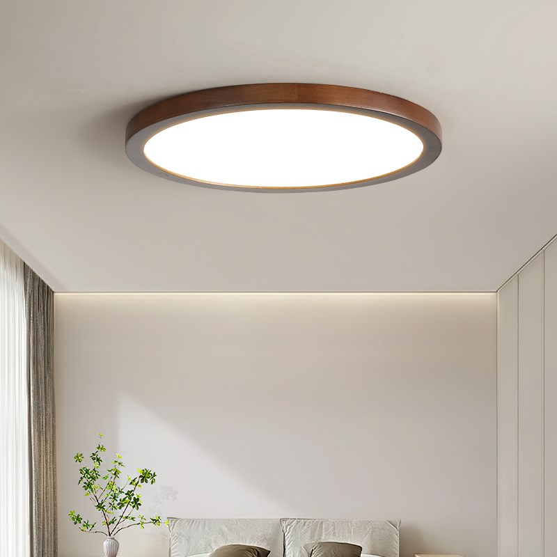超薄复古吸顶灯胡桃木色新中式主卧室灯日式侘寂风极简LED房间灯