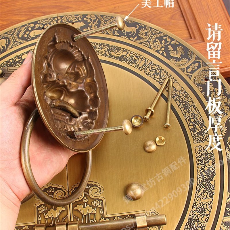 仿古纯黄铜兽头门环大木门门栓拉手把手四合院麒麟狮子头拉环插销