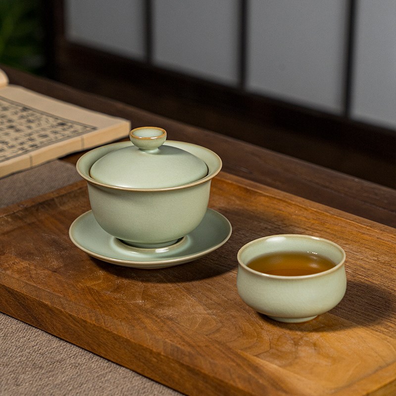 汝窑茶具套装盖碗家用礼盒装中式景德镇陶瓷手工功夫茶具开片青瓷