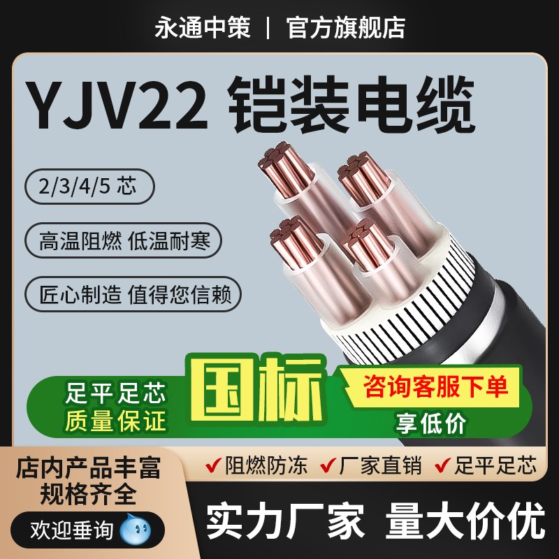 国标YJV22铠装纯铜芯电缆线2/3/4/5芯1.5/4/6/10/25平.方带铠电缆