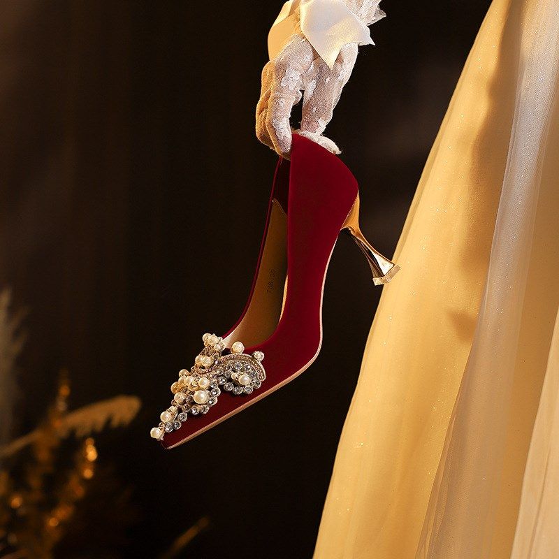 X788-13中式风婚鞋不累脚红色尖头细跟高跟鞋nv气质珍珠绒面40-43,女鞋,其他拖鞋,淘宝优惠券,粉丝福利购,淘宝优惠卷