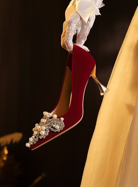 X788-13中式风婚鞋不累脚红色尖头细跟高跟鞋nv气质珍珠绒面40-43
