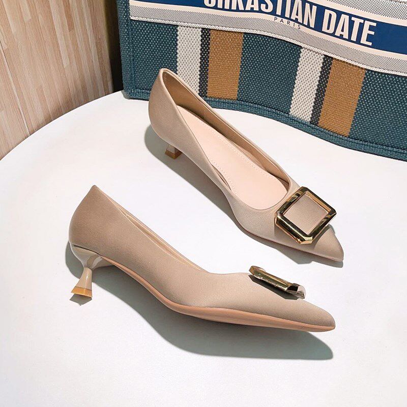 裸色尖头低细跟浅口法式缎面方根不累脚高跟I鞋女2024年新款春3CM