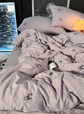 ins韩式紫色葡萄刺绣四件套少女心被套床单学生Q宿舍三4件套非纯