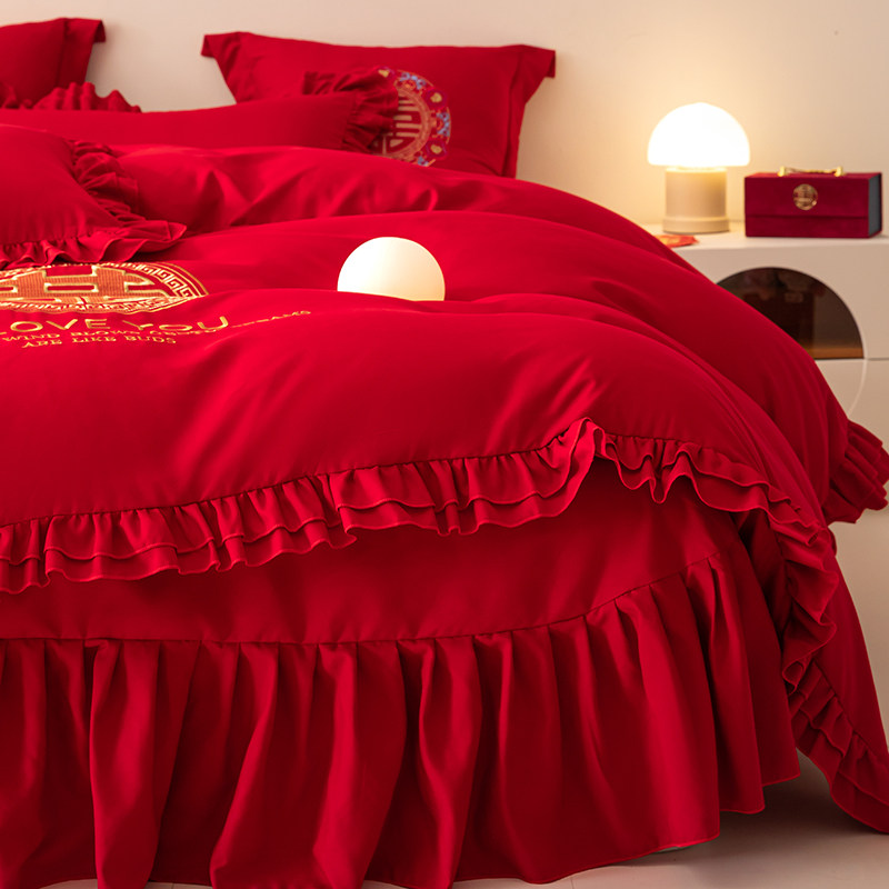 婚庆四件套水洗棉简约蕾丝裙床品大红结婚礼新婚房床喜庆被套中式,床上用品,婚庆床品套件,淘宝优惠券,粉丝福利购,淘宝优惠卷