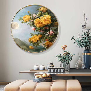 新中式圆形花开富贵玄关装饰画牡丹进门入户背景墙壁挂画现代简约