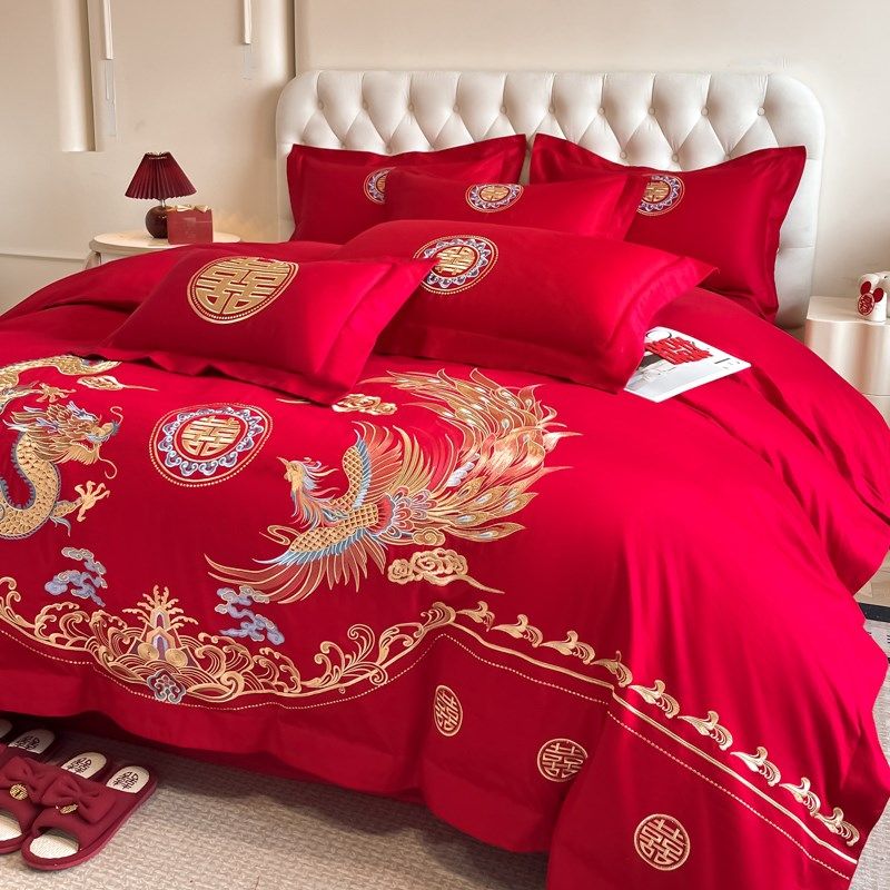 婚庆四件套全棉喜庆结婚床上用品婚嫁新婚礼大红喜被刺绣,床上用品,婚庆床品套件,淘宝优惠券,粉丝福利购,淘宝优惠卷