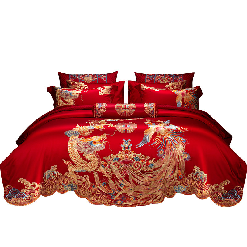 中式大红龙凤刺绣全棉婚庆四件套结婚礼喜被陪嫁床上用品,床上用品,婚庆床品套件,淘宝优惠券,粉丝福利购,淘宝优惠卷