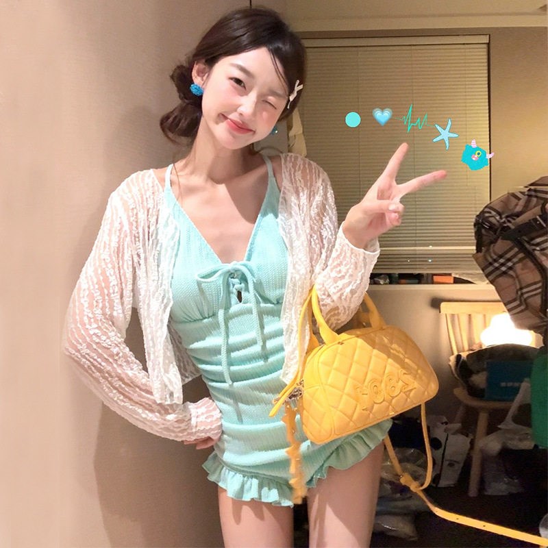 女款连身两件套长袖蕾丝外衫y显瘦遮肉甜美泡温泉泳衣大胸比基尼