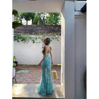 蝴蝶露背吊带连衣裙女夏季网纱鱼尾裙子绿色海边度假修身包臀长裙
