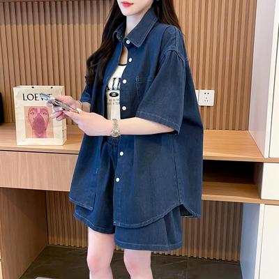 休闲套装女夏季薄款2025新款韩版时尚减龄牛仔短袖衬衫短裤两件套