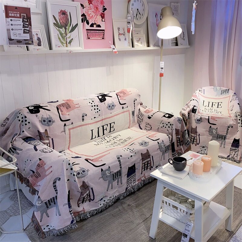 时尚文艺沙发f线毯单人三人沙发罩粉色铲屎官沙发垫美式沙发巾萌