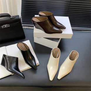 坡跟时尚包头半拖鞋女202v4年秋新款韩版尖头后空单鞋中跟个性凉