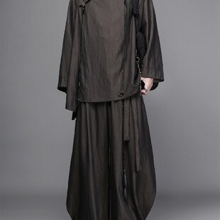 暗黑系山本风不对k称设计感立体剪裁长袖宽松开衫阔腿裤男士套装