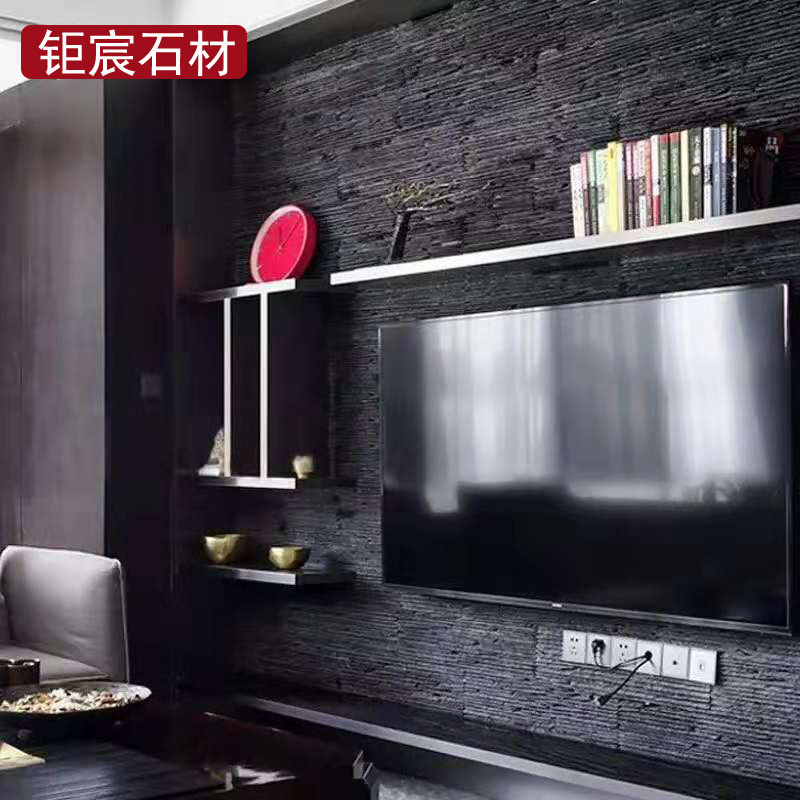 青石板流水石 仿古文化砖黑色墙砖 天然水幕墙 水池鱼池背景墙