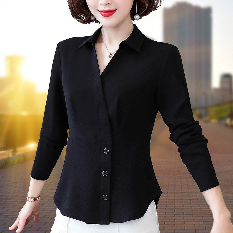 黑色雪纺衬衫女长袖2024春x秋新款收腰显瘦气质职业装妈妈打底衬