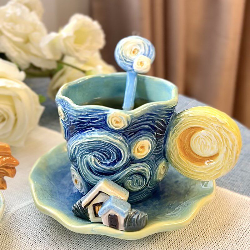 陶瓷釉下彩梵高星空杯盘咖啡杯A茶杯配勺水杯下午茶闺蜜送礼套装