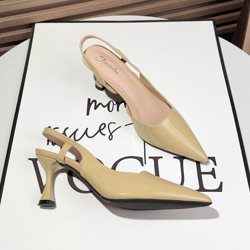夏季杏色漆皮尖头气质凉鞋女细跟2025年新款一字带通勤包头高跟鞋,女鞋,一字带凉鞋,淘宝优惠券,粉丝福利购,淘宝优惠卷