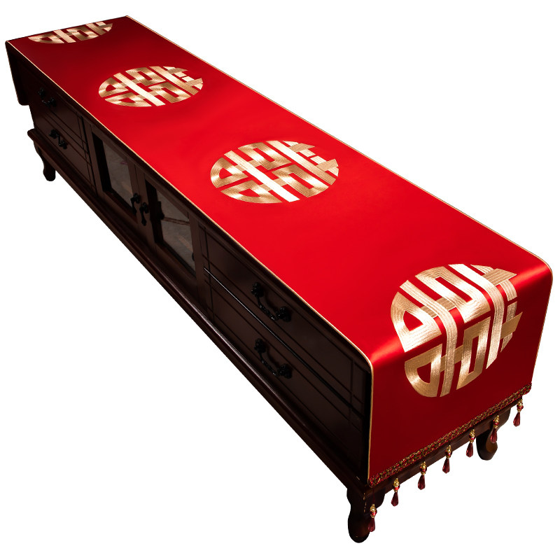 中式红色结婚喜字电视机柜盖布婚礼布置茶几布防尘桌布定制