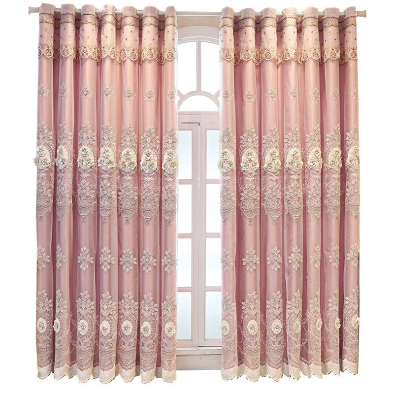 欧式简约双层窗帘粉色布纱一体成品奢华大气客厅卧室浮雕绣花窗帘