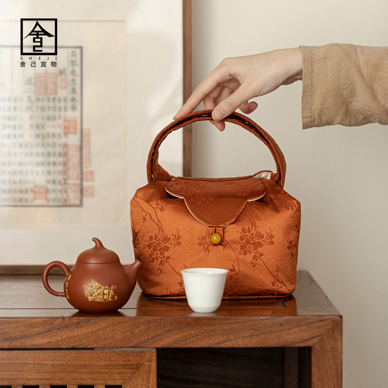 旅行茶具收纳包加厚缎面手腕x布袋花影手工便携布包功夫手提茶袋