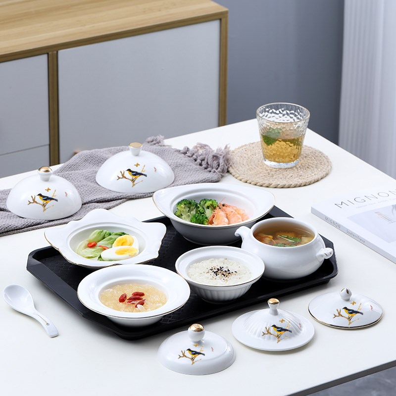 陶瓷月子餐具套装高温环保餐具碗产妇家用一人P食汤盅带盖卫生陶