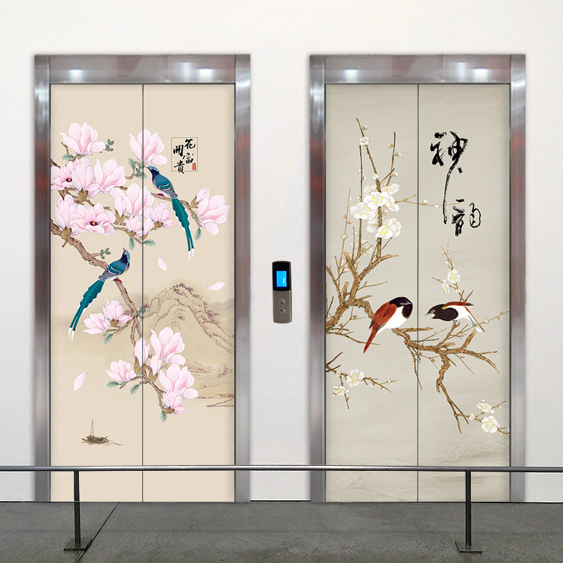 清新古典电梯门贴纸自粘可定制壁画玄关装饰画电梯门贴画中式花鸟